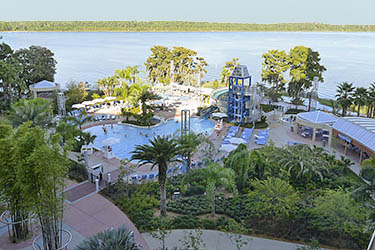 Disney World Bay Lake Tower hotel has a pool and a pretty garden.