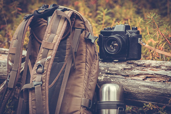 Camera backpack and camera, camping.